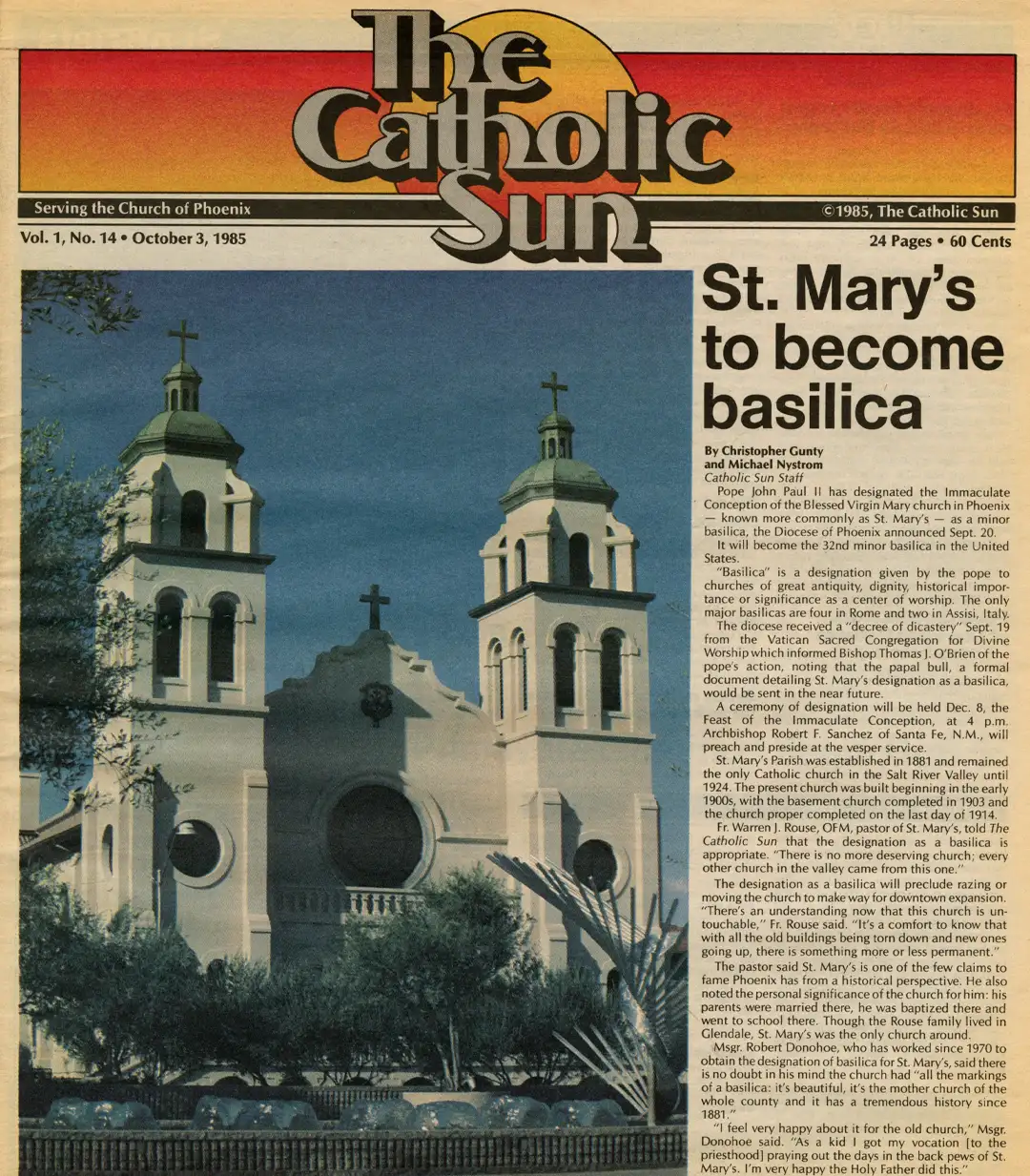 The Catholic Sun paper headlining St. Mary's Basilica